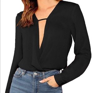Women's V Neck Long Sleeve Black Wrap Tops